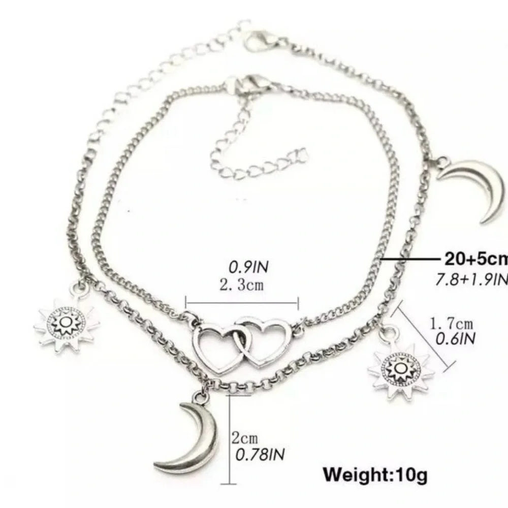 NEW Layered Silver Heart Moon Sun Star Anklet Set